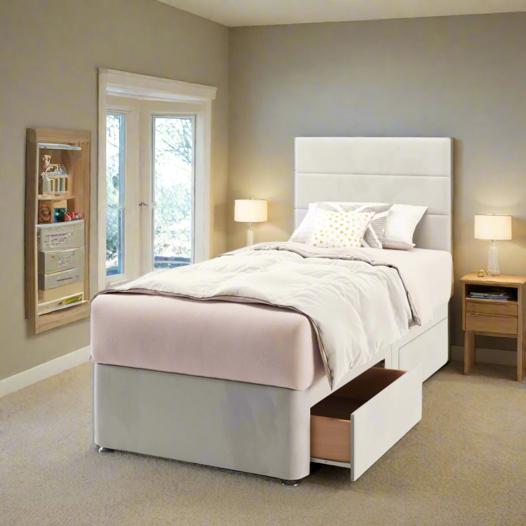 Horizontal Panels Fabric Low Headboard with Divan Bed Base & Mattress