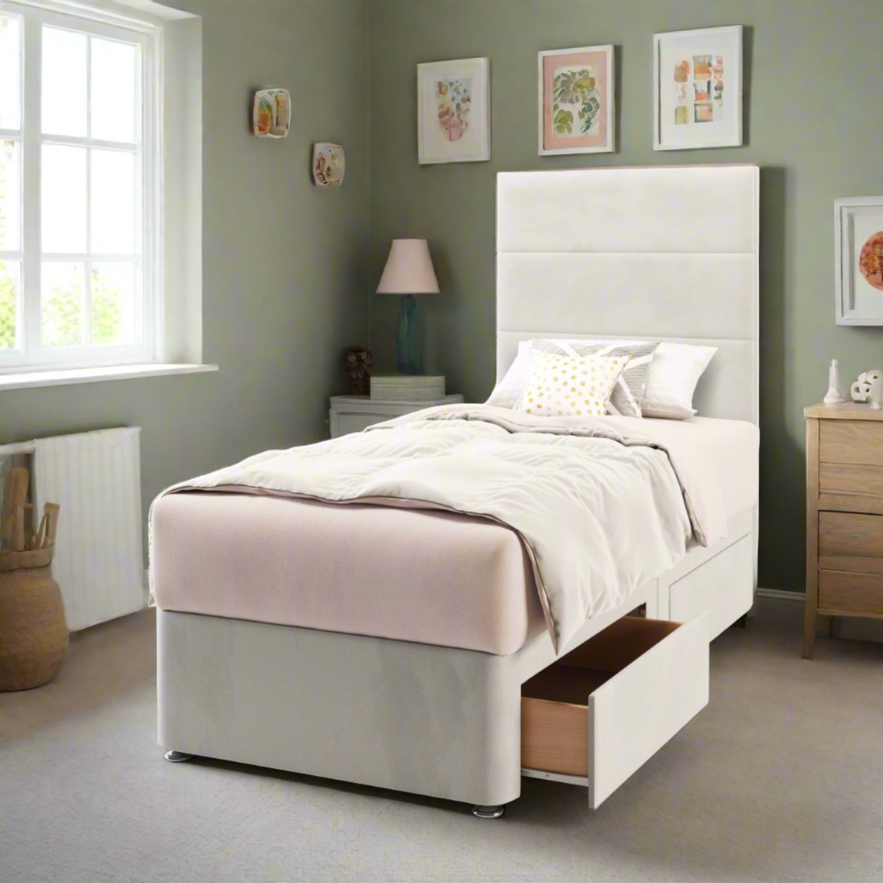 Horizontal Panels Fabric Tall Headboard with Divan Bed Base & Mattress