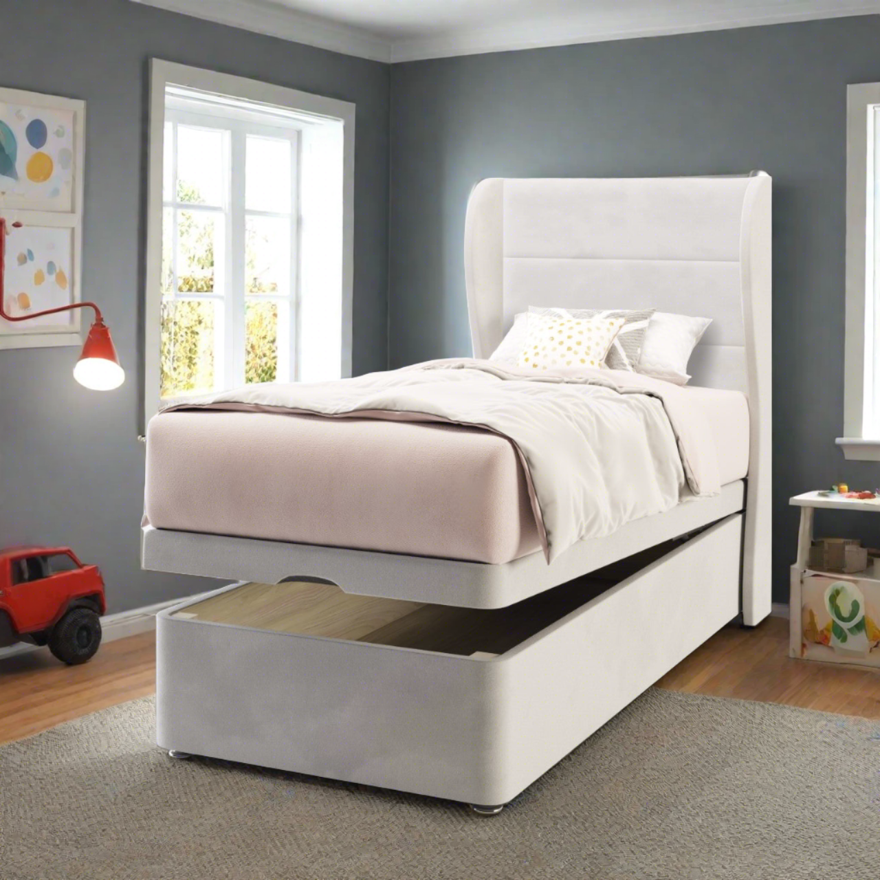 Horizontal Panels Fabric Middle Curve Wing Headboard with Ottoman Storage Bed Base & Mattress