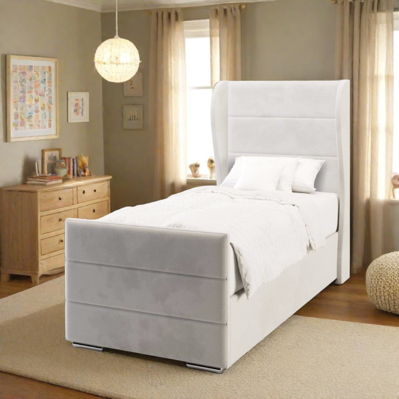 Horizontal Panels Fabric Middle Curve Wing Headboard with Ottoman Storage Side Lift Bed & Footend