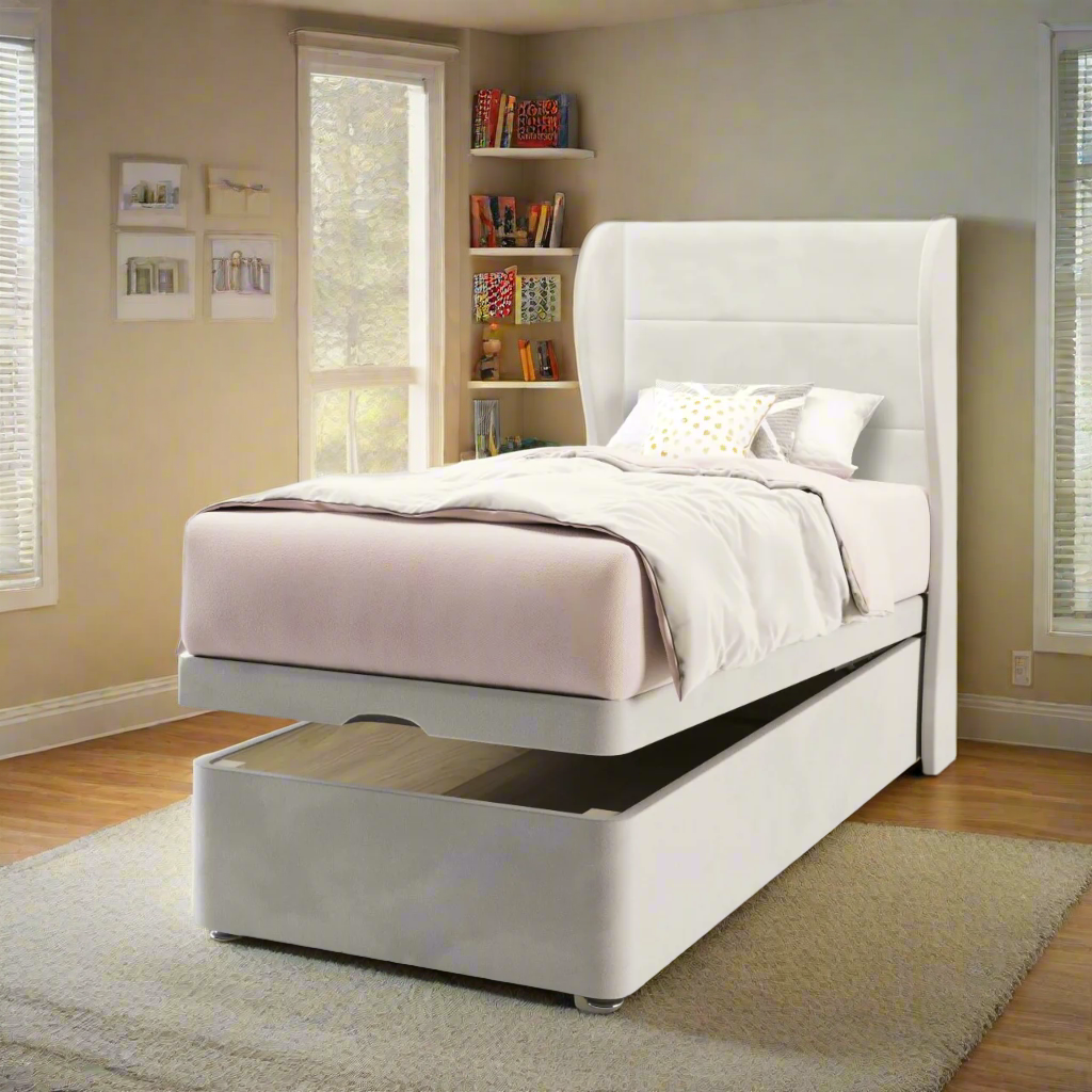 Horizontal Panels Fabric Middle Curve Wing Headboard with Ottoman Storage Bed Base & Mattress