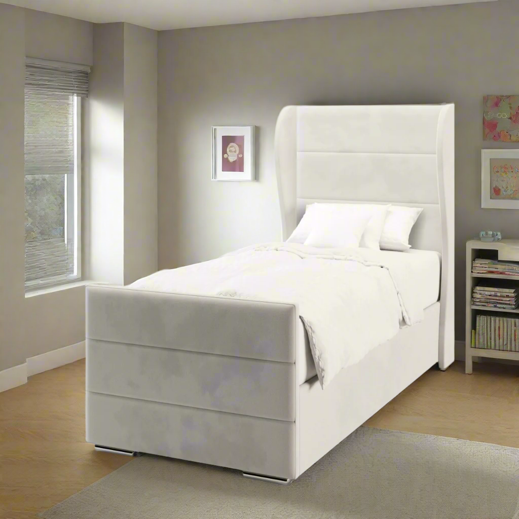 Horizontal Panels Fabric Middle Curve Wing Headboard with Ottoman Storage Side Lift Bed & Footend