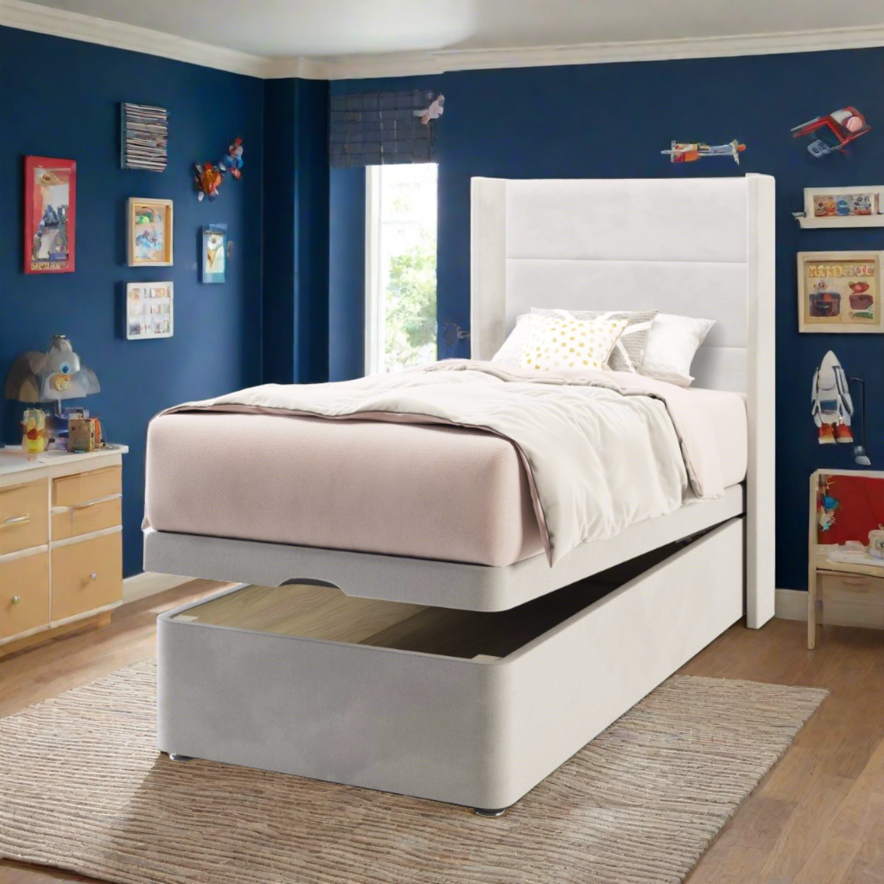 Horizontal Panels Fabric Straight Wing Headboard with Ottoman Storage Bed Base & Mattress