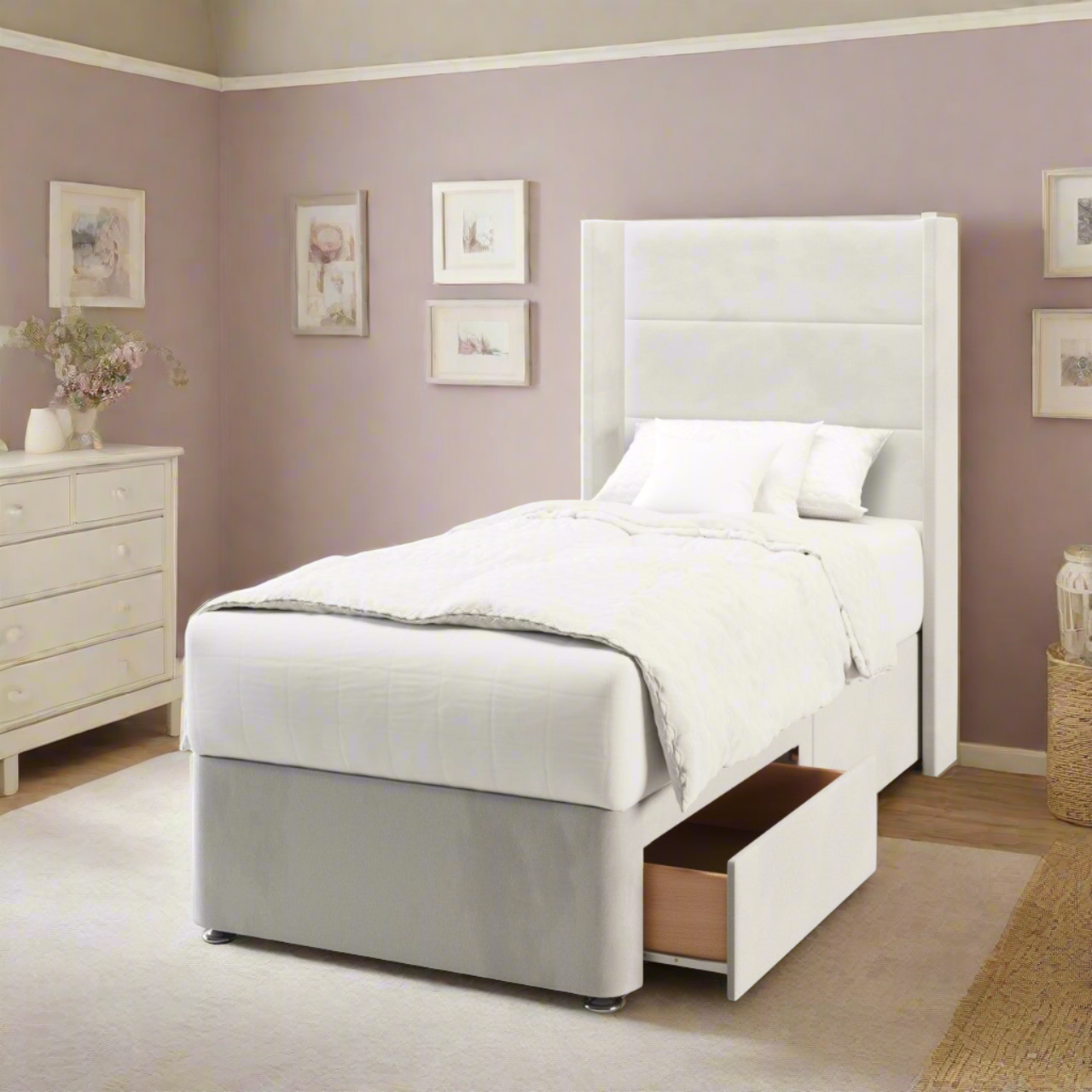 Horizontal Panels Fabric Straight Wing Headboard with Divan Bed Base & Mattress