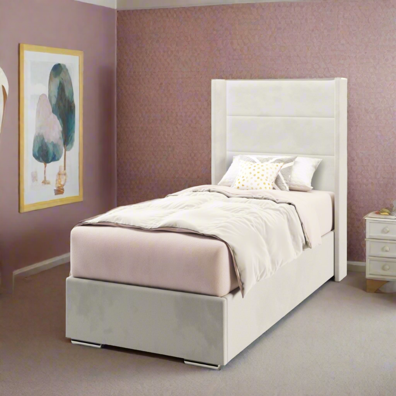 Horizontal Panels Fabric Straight Wing Headboard with Frame Bed Base & Mattress