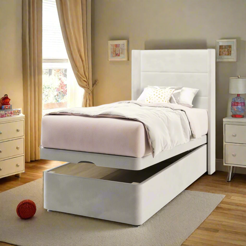 Horizontal Panels Fabric Straight Wing Headboard with Ottoman Storage Bed Base & Mattress