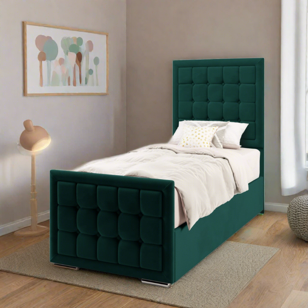 Large Cubic Border Fabric Tall Headboard with Ottoman Storage Side Lift Bed & Footend