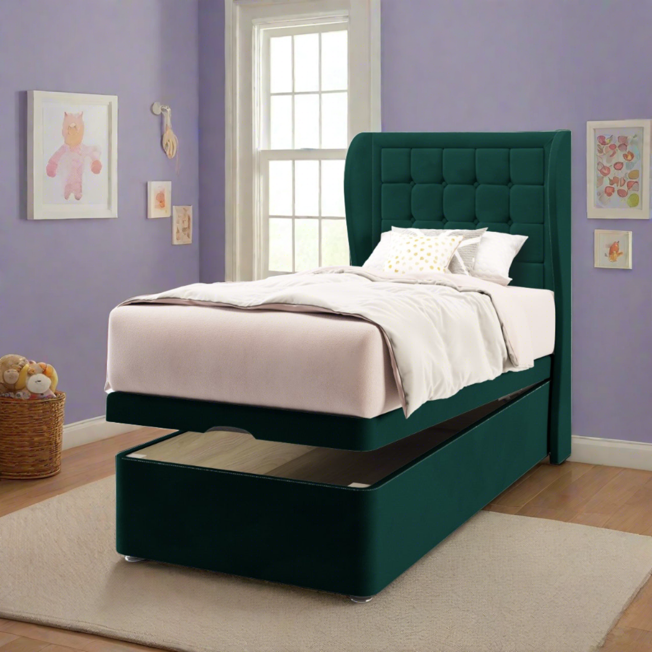 Large Cubic Border Fabric Middle Curve Wing Headboard with Ottoman Storage Bed Base & Mattress