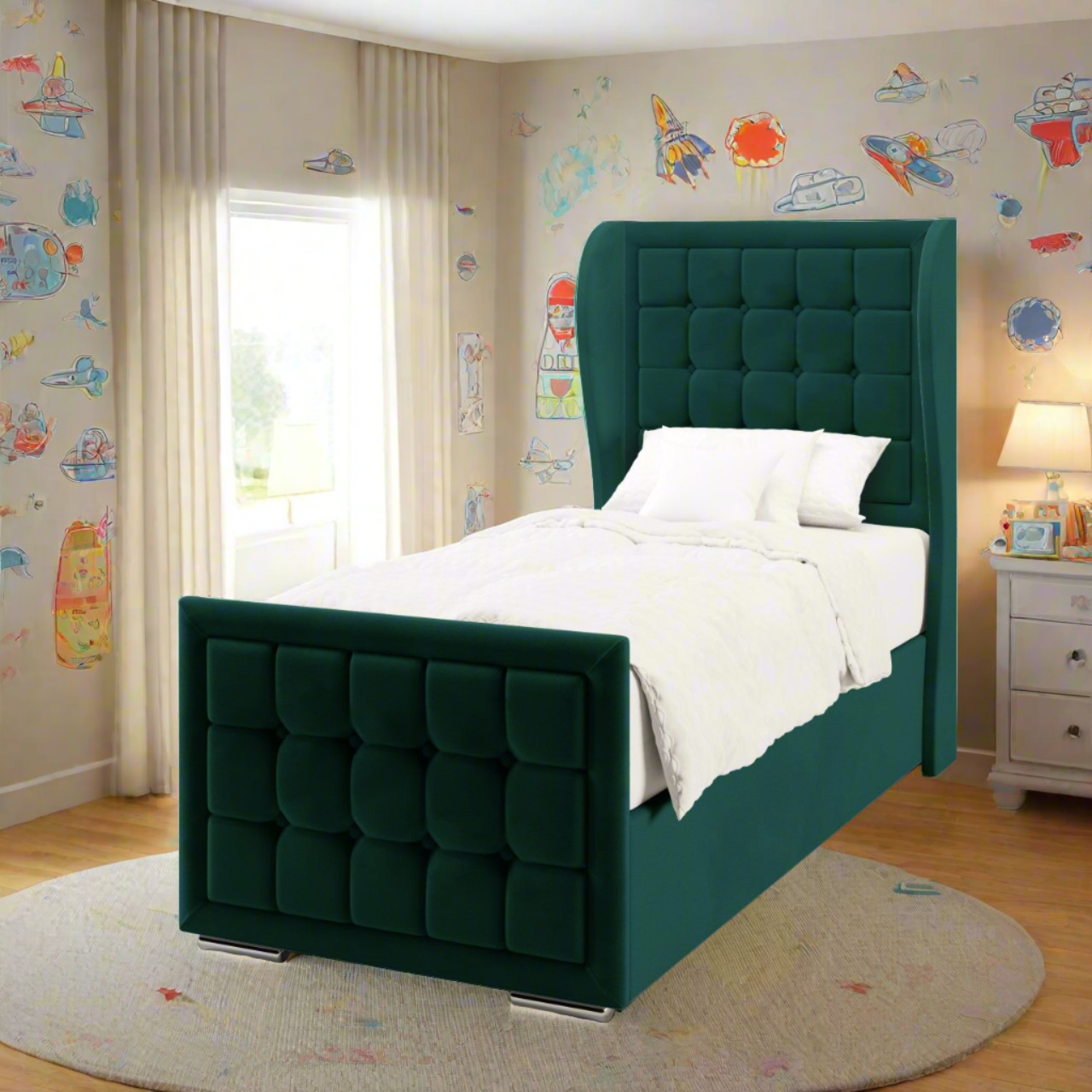 Large Cubic Border Fabric Middle Curve Wing Headboard with Ottoman Storage Side Lift Bed & Footend