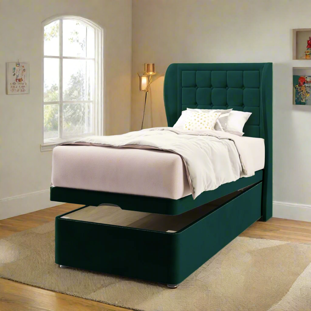 Large Cubic Border Fabric Middle Curve Wing Headboard with Ottoman Storage Bed Base & Mattress