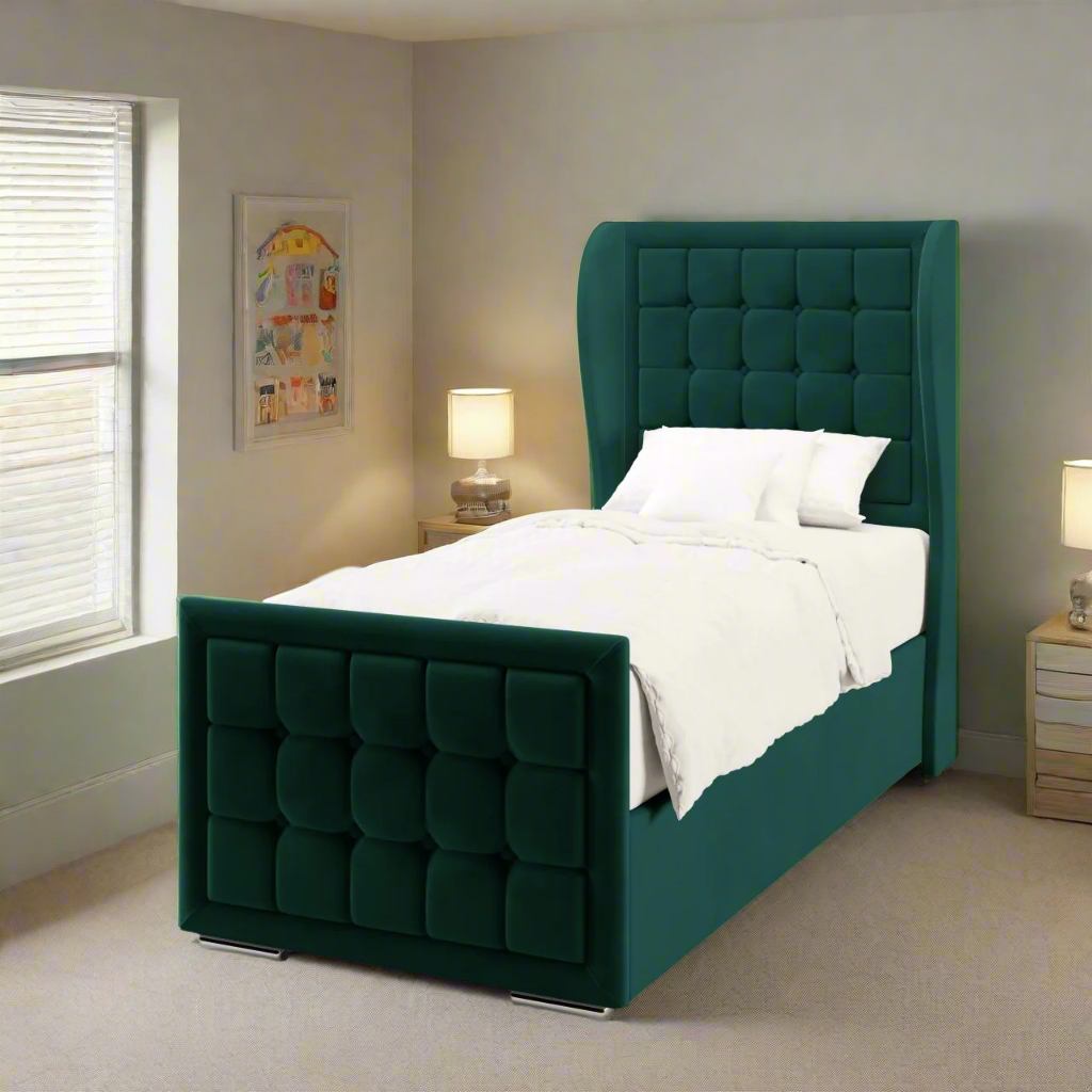 Large Cubic Border Fabric Middle Curve Wing Headboard with Ottoman Storage Side Lift Bed & Footend