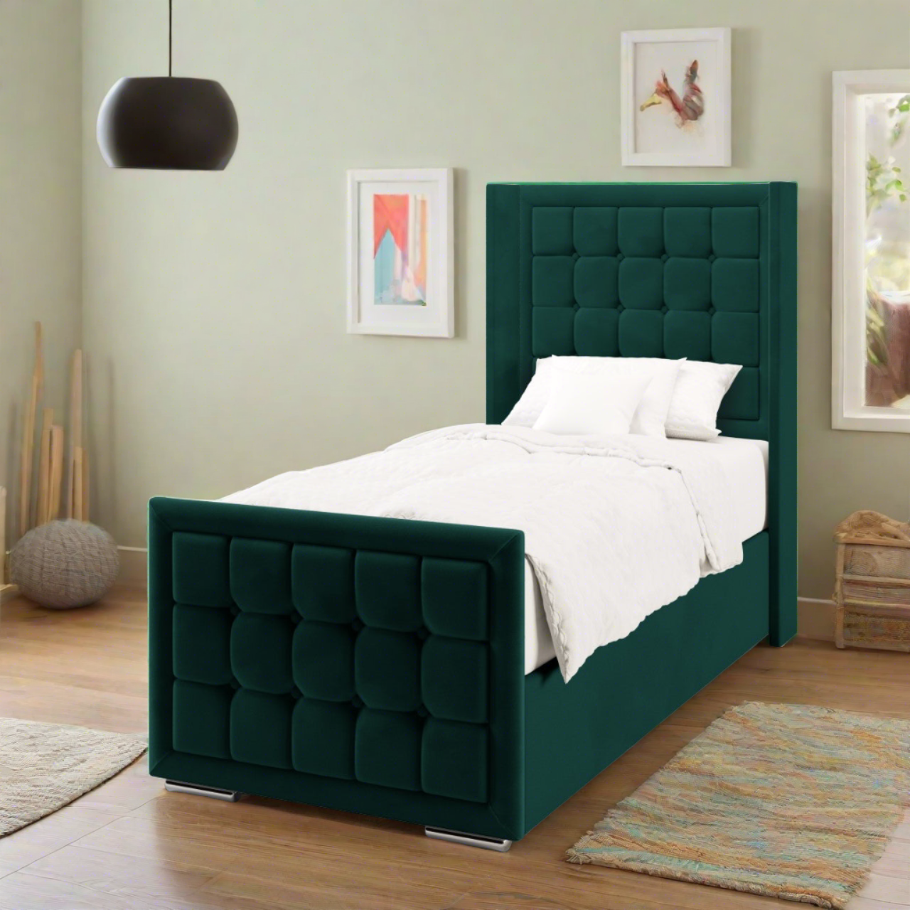 Large Cubic Border Fabric Straight Wing Headboard with Ottoman Storage Side Lift Bed & Footend