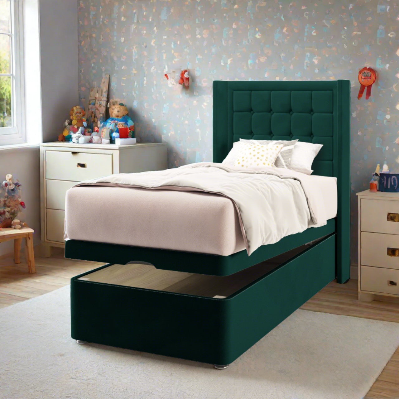 Large Cubic Border Fabric Straight Wing Headboard with Ottoman Storage Bed Base & Mattress