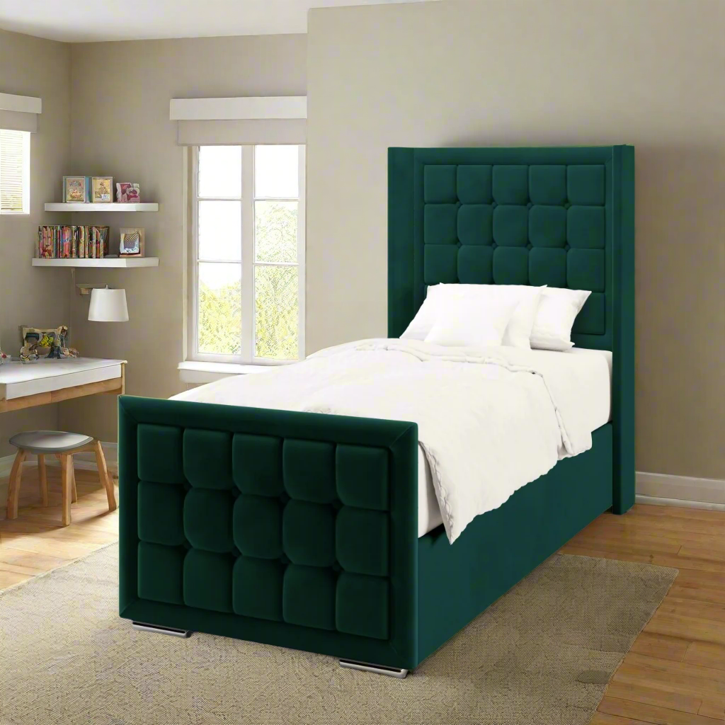 Large Cubic Border Fabric Straight Wing Headboard with Ottoman Storage Side Lift Bed & Footend