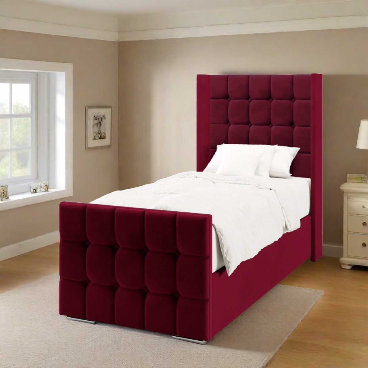 Large Cubic Fabric Straight Wing Headboard with Ottoman Storage Side Lift Bed & Footend