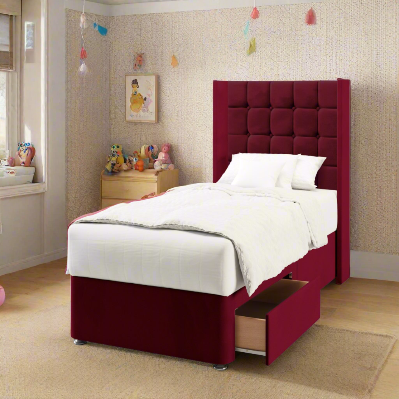 Large Cubic Fabric Straight Wing Headboard with Divan Bed Base & Mattress