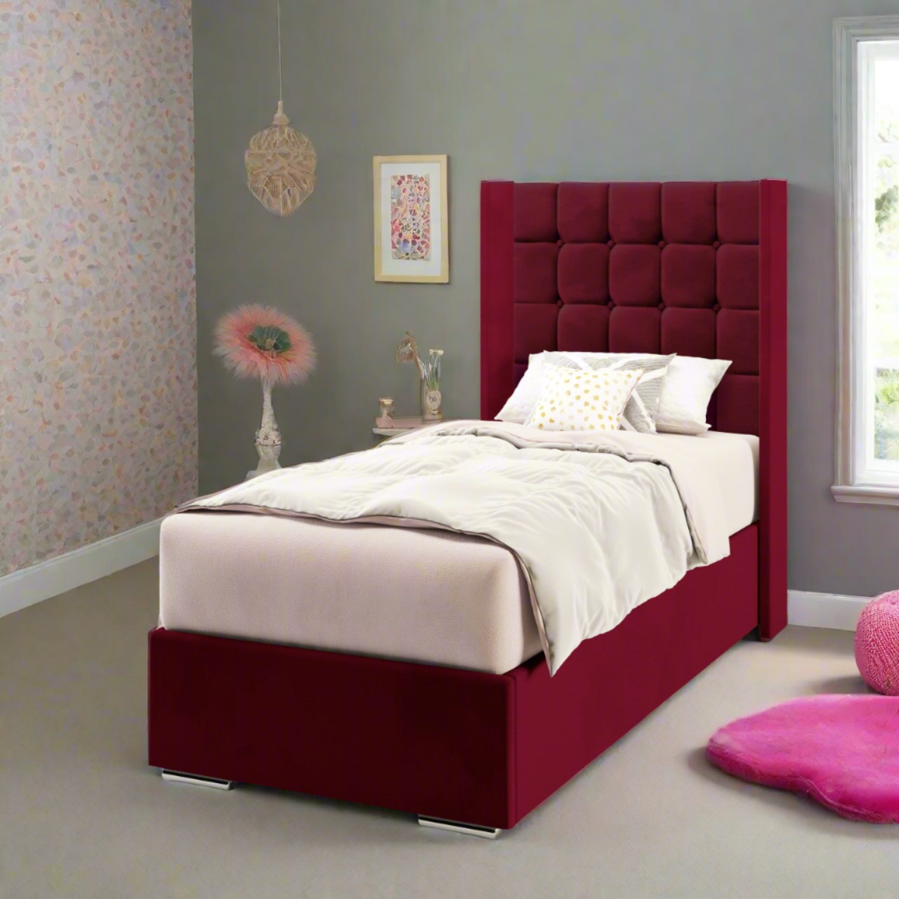 Large Cubic Fabric Straight Wing Headboard with Frame Bed Base & Mattress