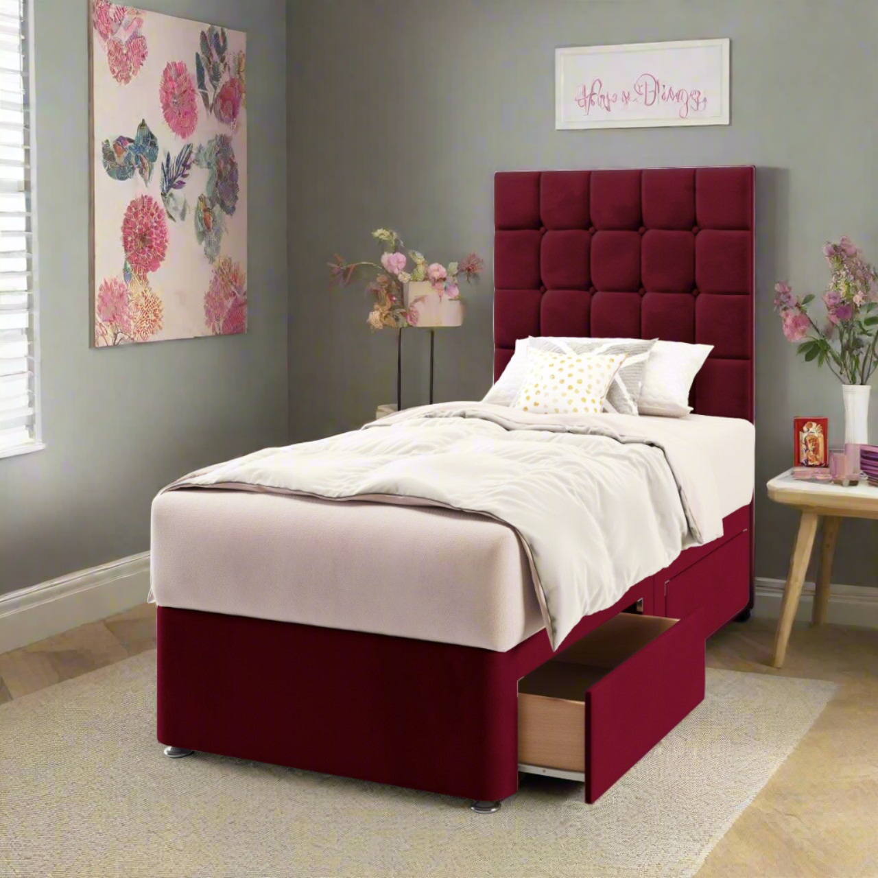 Large Cubic Fabric Tall Headboard with Divan Bed Base & Mattress