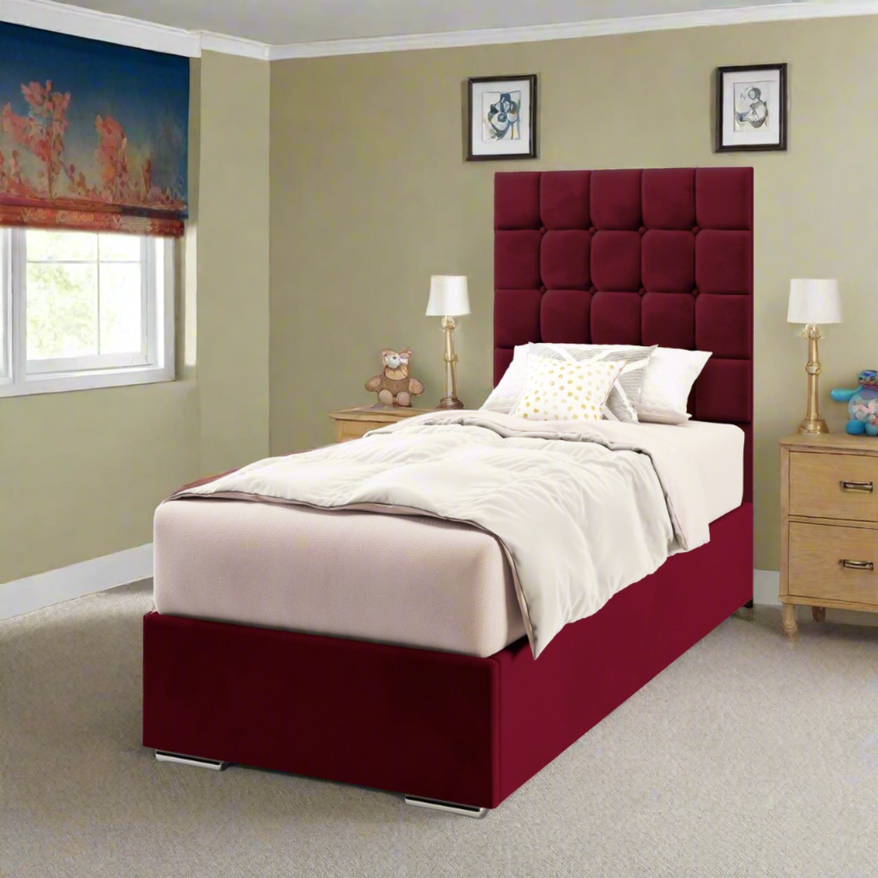 Large Cubic Fabric Tall Headboard with Frame Bed Base & Mattress