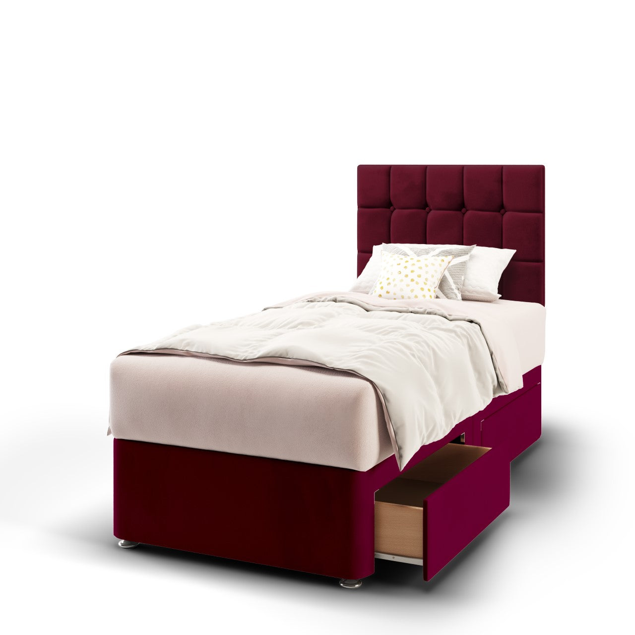 Large Cubic Fabric Low Headboard with Divan Bed Base & Mattress