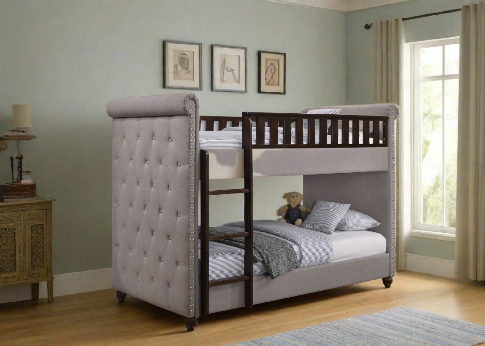 New Louis Light Grey Linen Fabric Chesterfield Bunk Bed