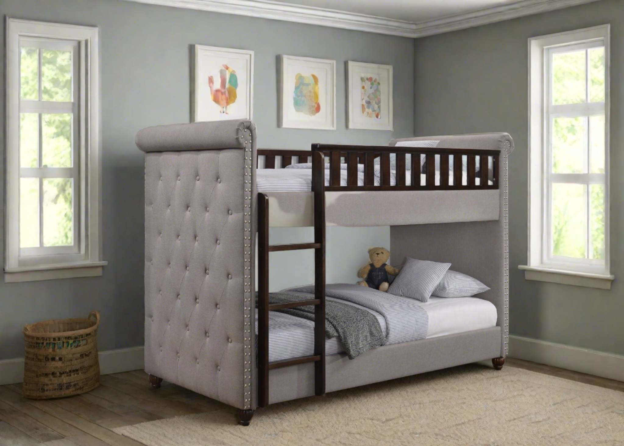 New Louis Light Grey Linen Fabric Chesterfield Bunk Bed