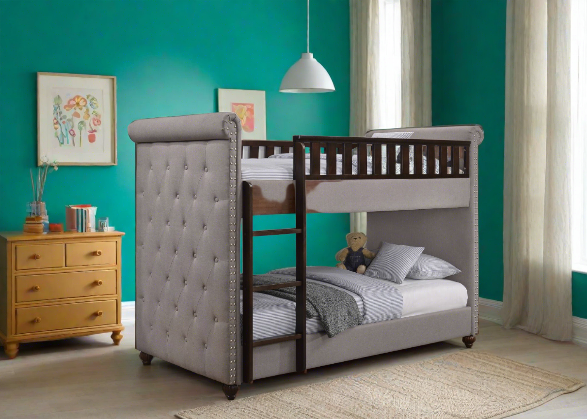 New Louis Light Grey Linen Fabric Chesterfield Bunk Bed