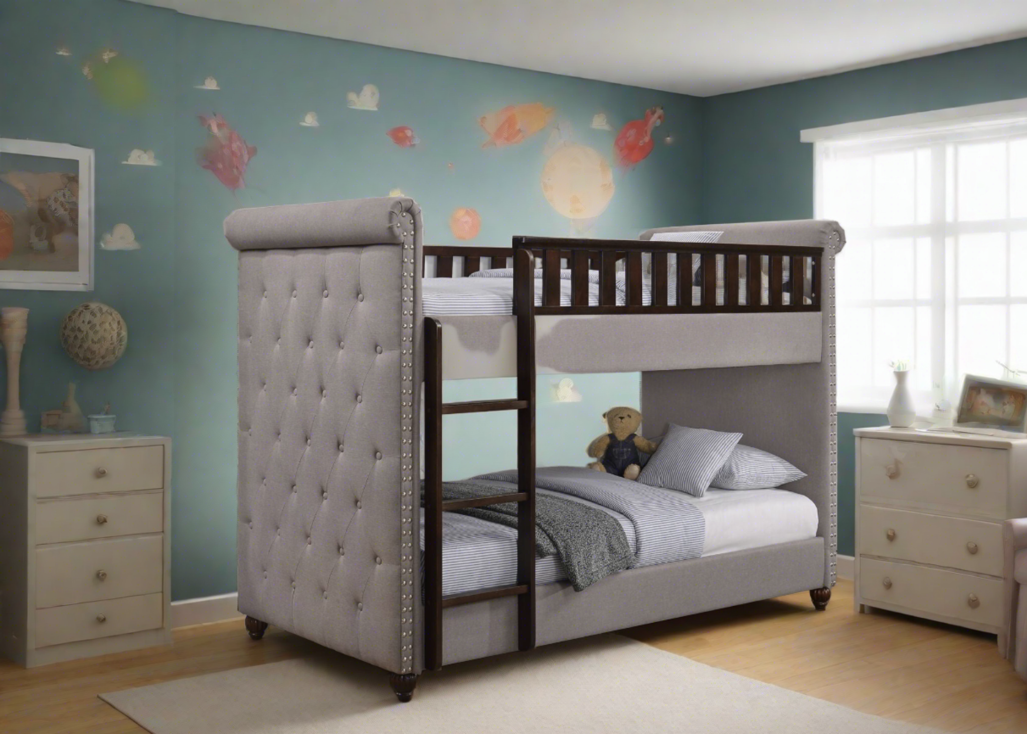 New Louis Light Grey Linen Fabric Chesterfield Bunk Bed