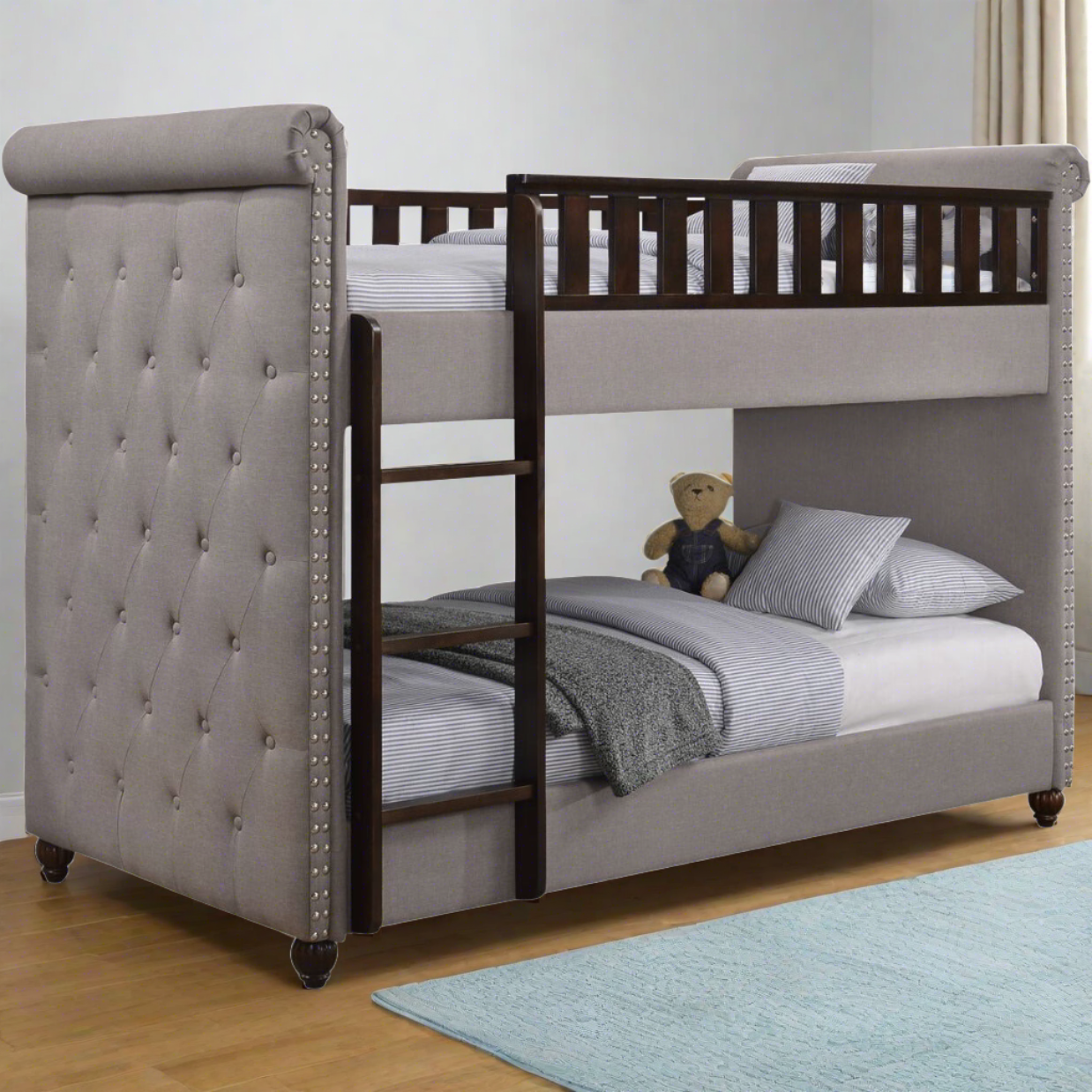 New Louis Light Grey Linen Fabric Chesterfield Bunk Bed