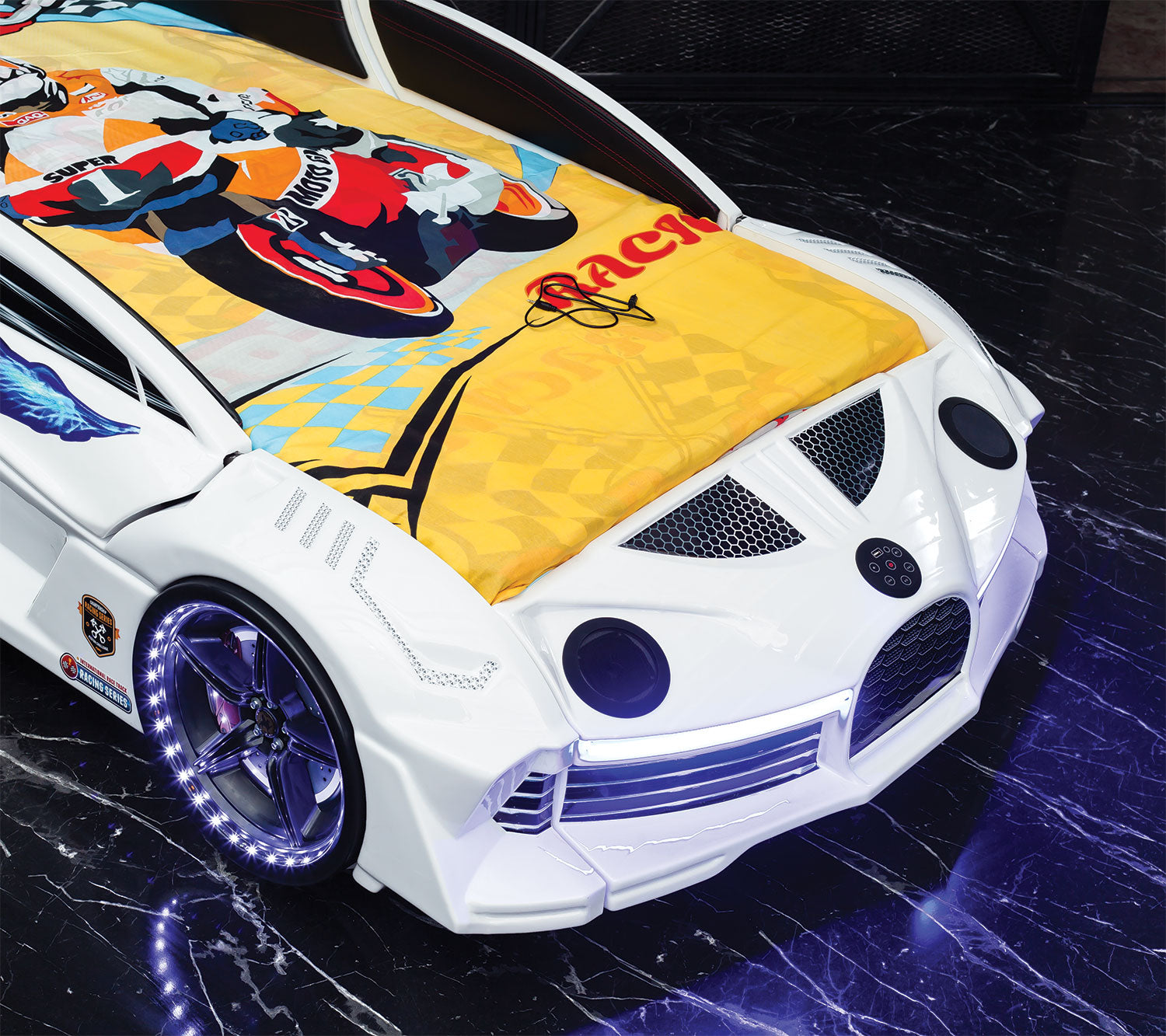 Hurracan 3FT Single White Racing Car Bed with Bluetooth, LED Lights & Sounds