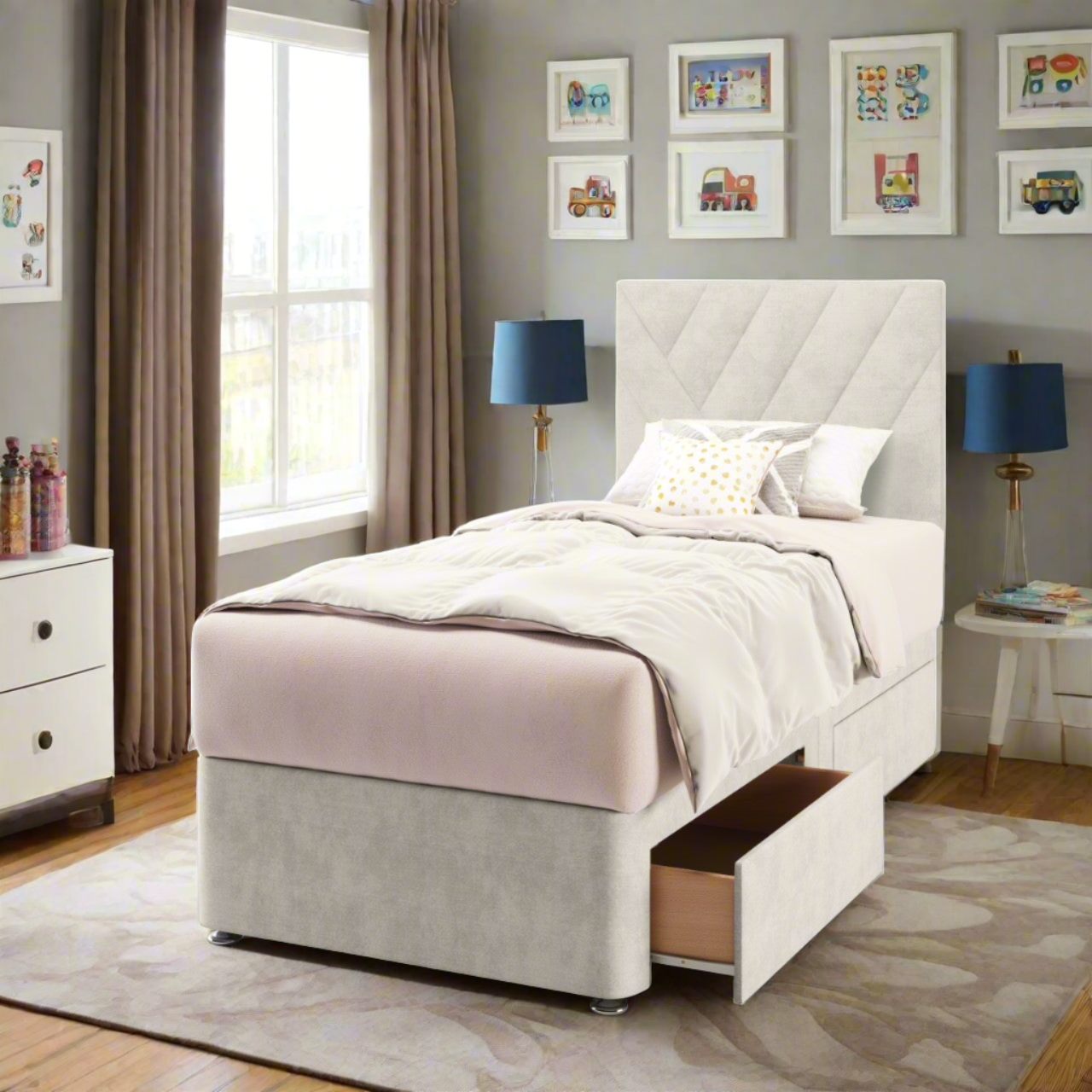 Multi Diagonal Panels Fabric Low Headboard with Divan Bed Base & Mattress