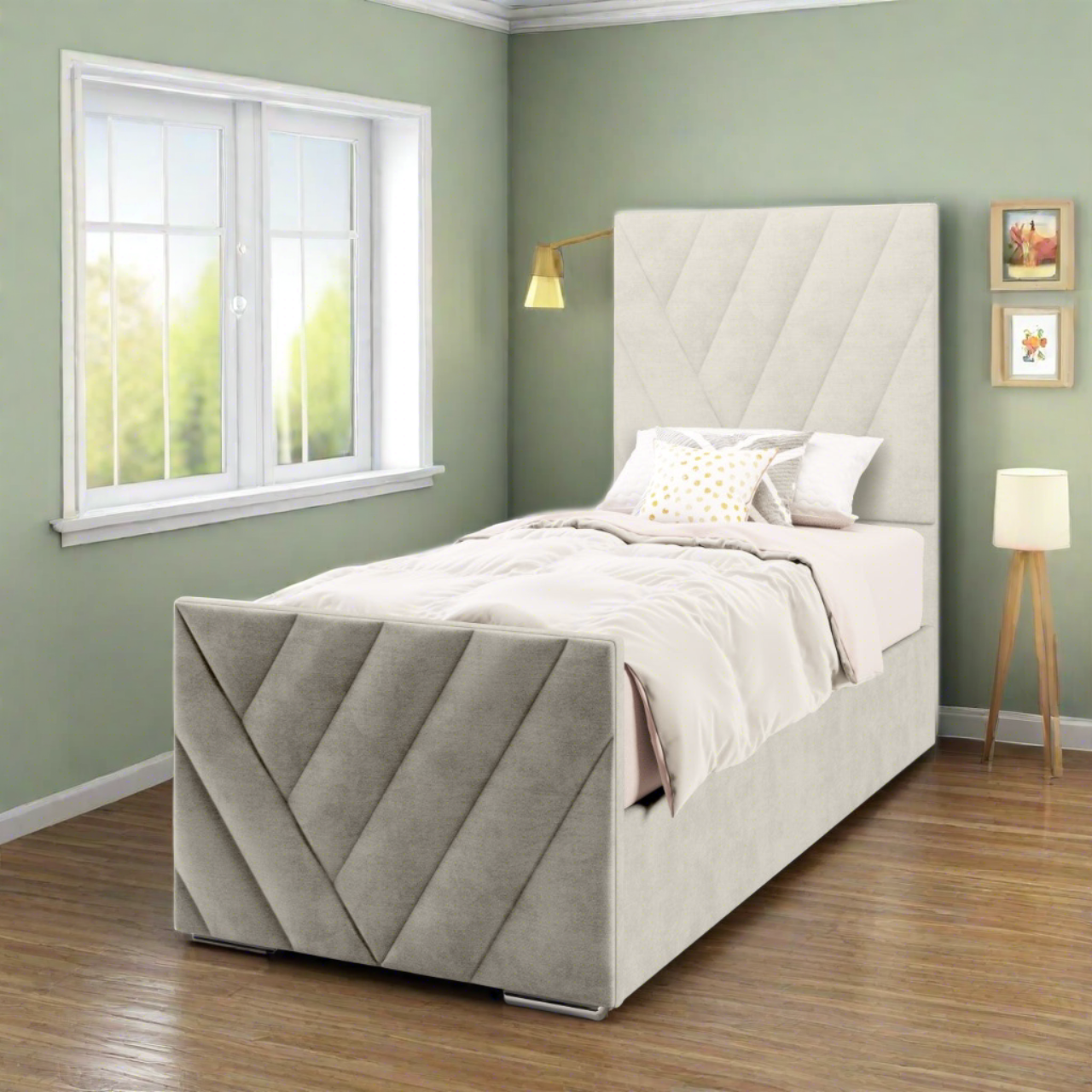 Multi Diagonal Panels Fabric Tall Headboard with Ottoman Storage Side Lift Bed & Footend