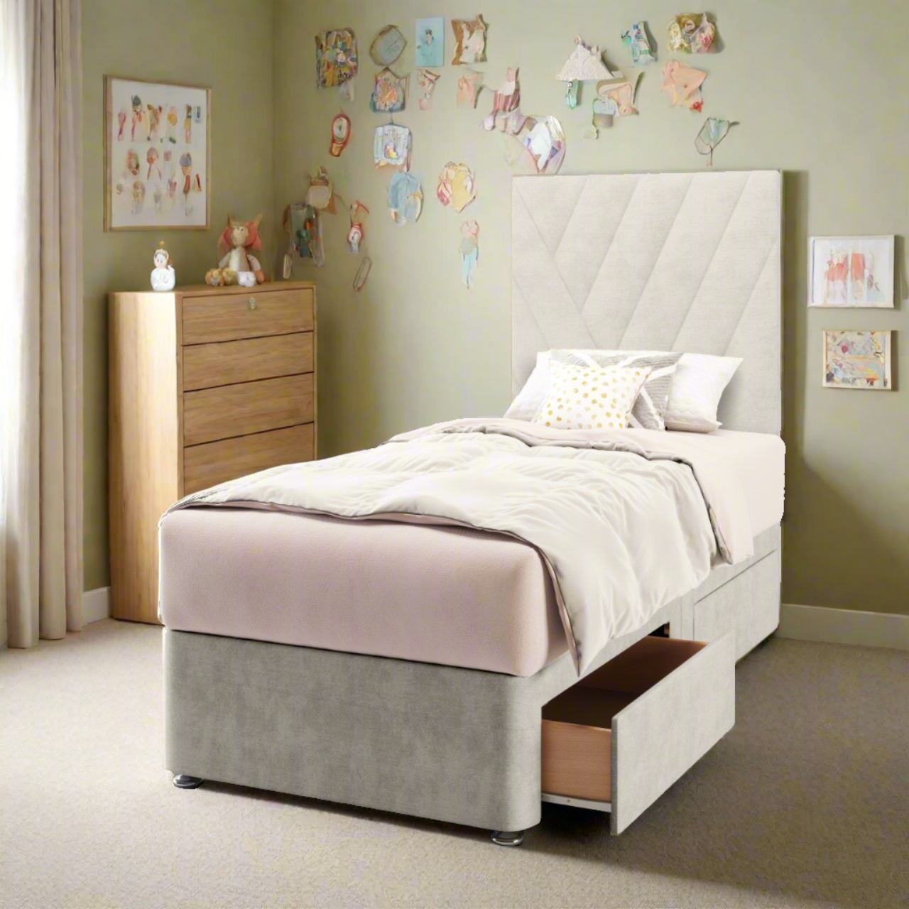 Multi Diagonal Panels Fabric Tall Headboard with Divan Bed Base & Mattress