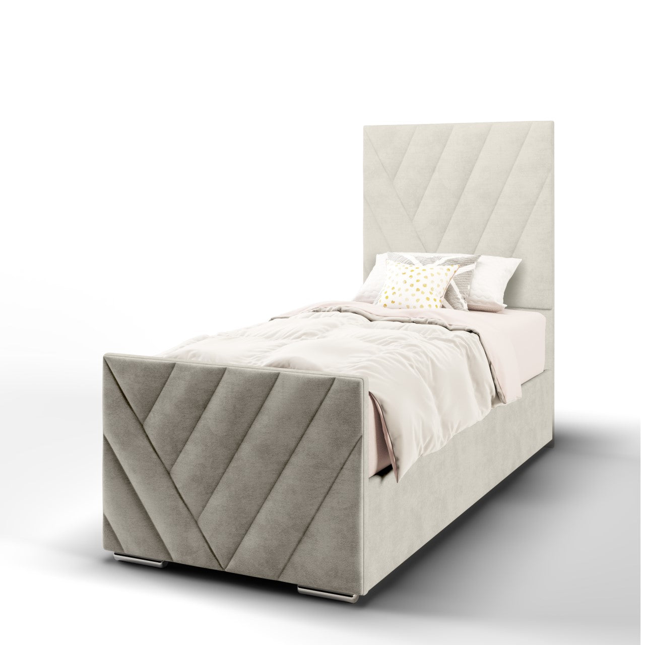 Multi Diagonal Panels Fabric Tall Headboard with Ottoman Storage Side Lift Bed & Footend