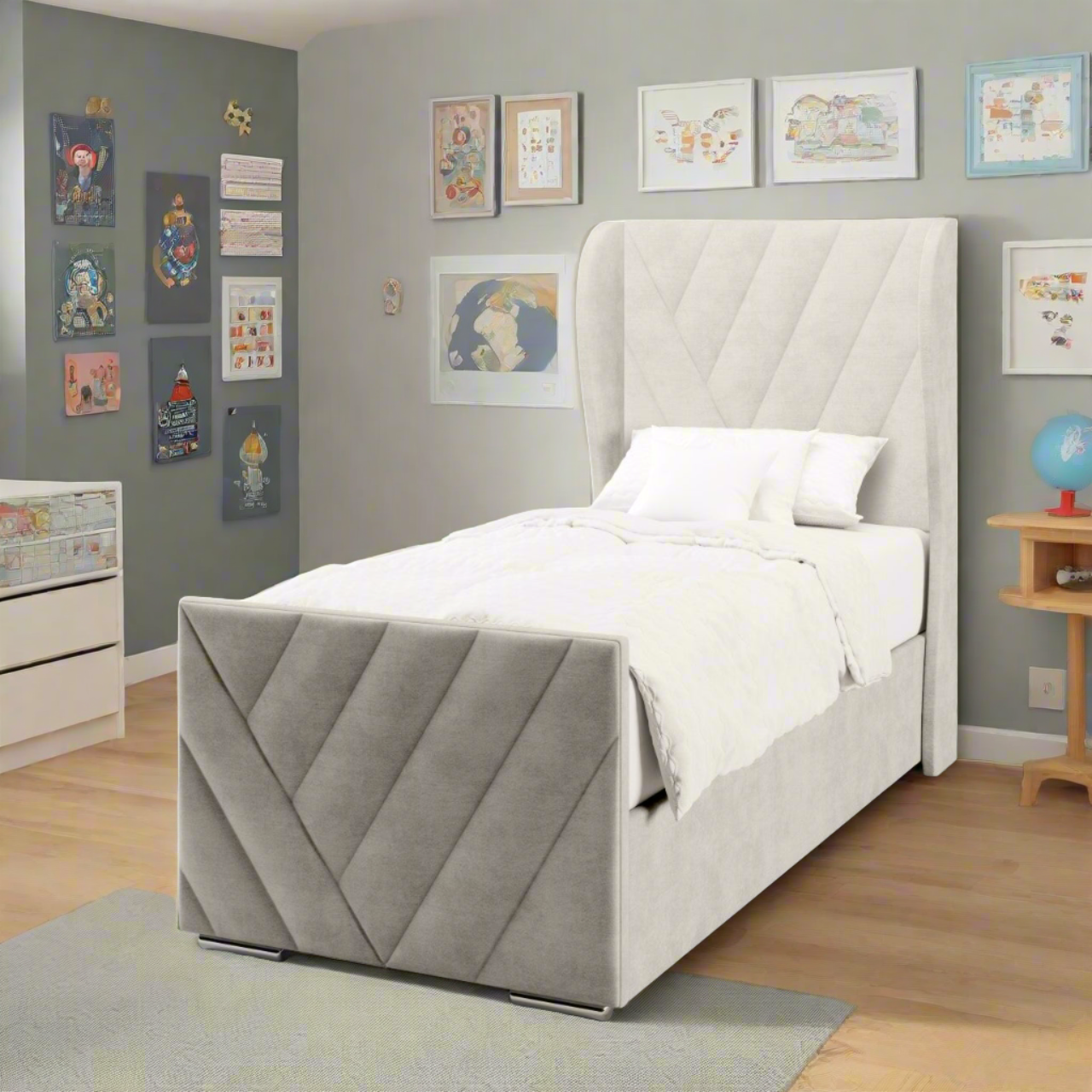 Muti Diagonal Panels Fabric Middle Curve Wing Headboard with Ottoman Storage Side Lift Bed & Footend