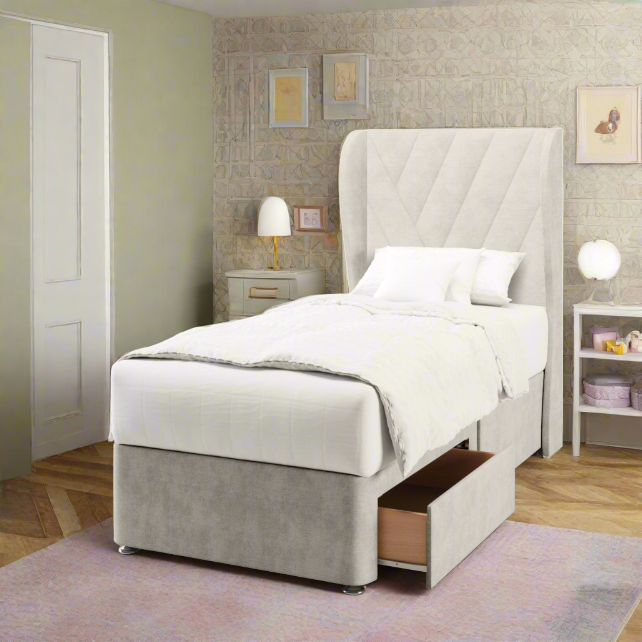 Multi Diagonal Panels Fabric Middle Curve Wing Headboard with Divan Bed Base & Mattress