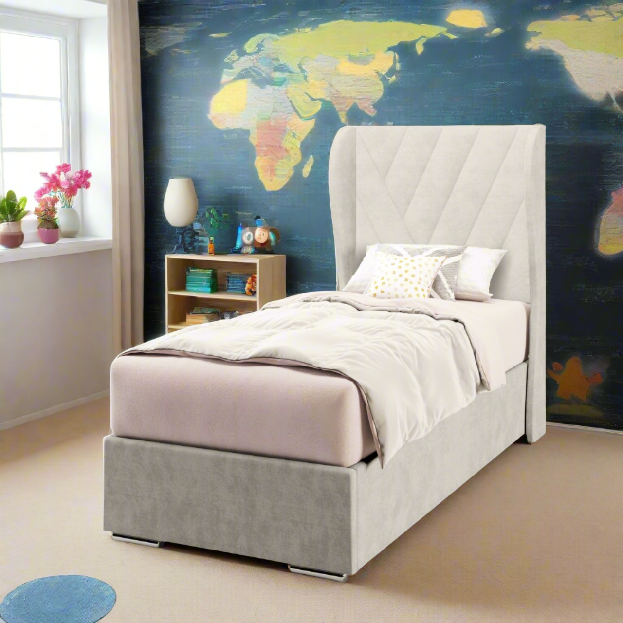 Multi Diagonal Panels Fabric Middle Curve Wing Headboard with Frame Bed Base & Mattress