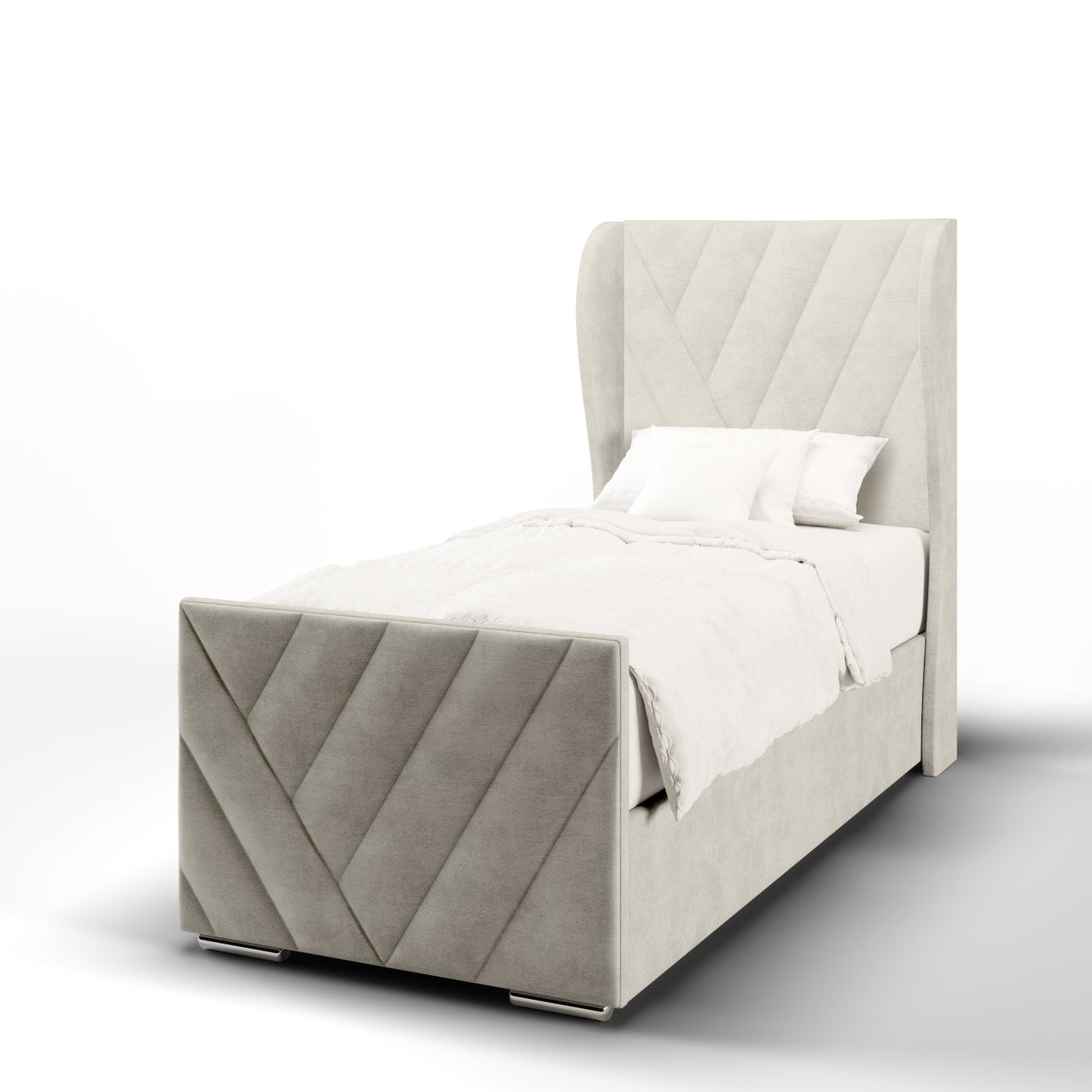 Muti Diagonal Panels Fabric Middle Curve Wing Headboard with Ottoman Storage Side Lift Bed & Footend