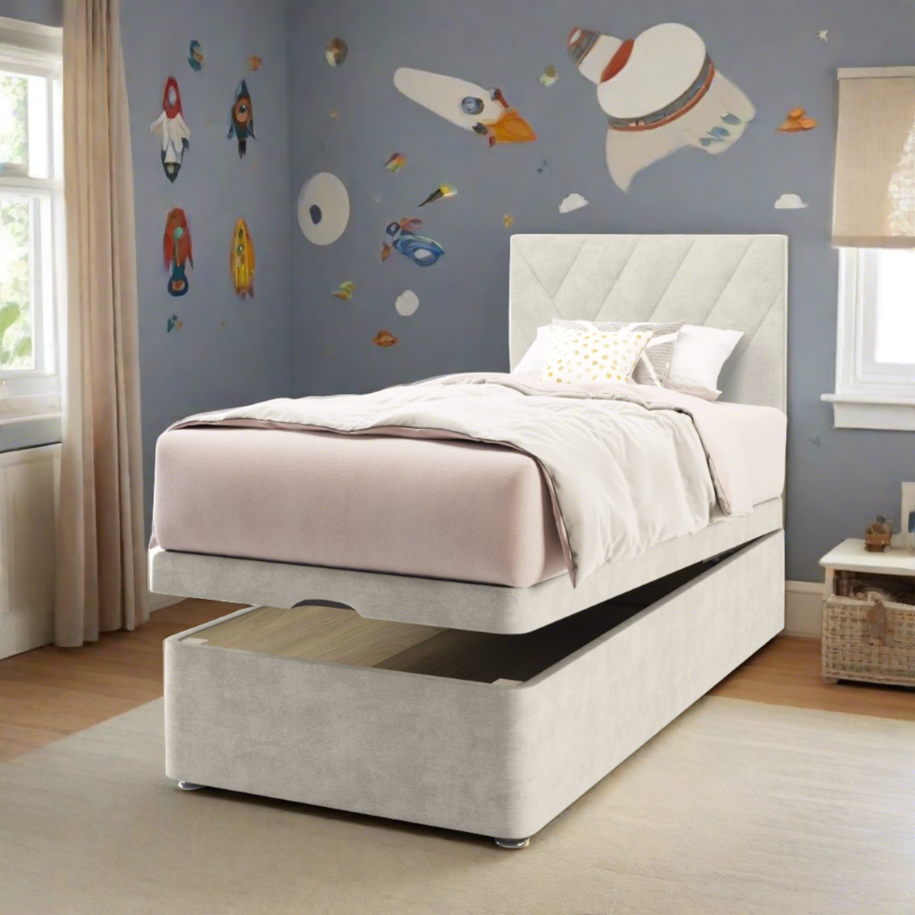 Multi Diagonal Panels Fabric Low Headboard with Ottoman Storage Bed Base & Mattress