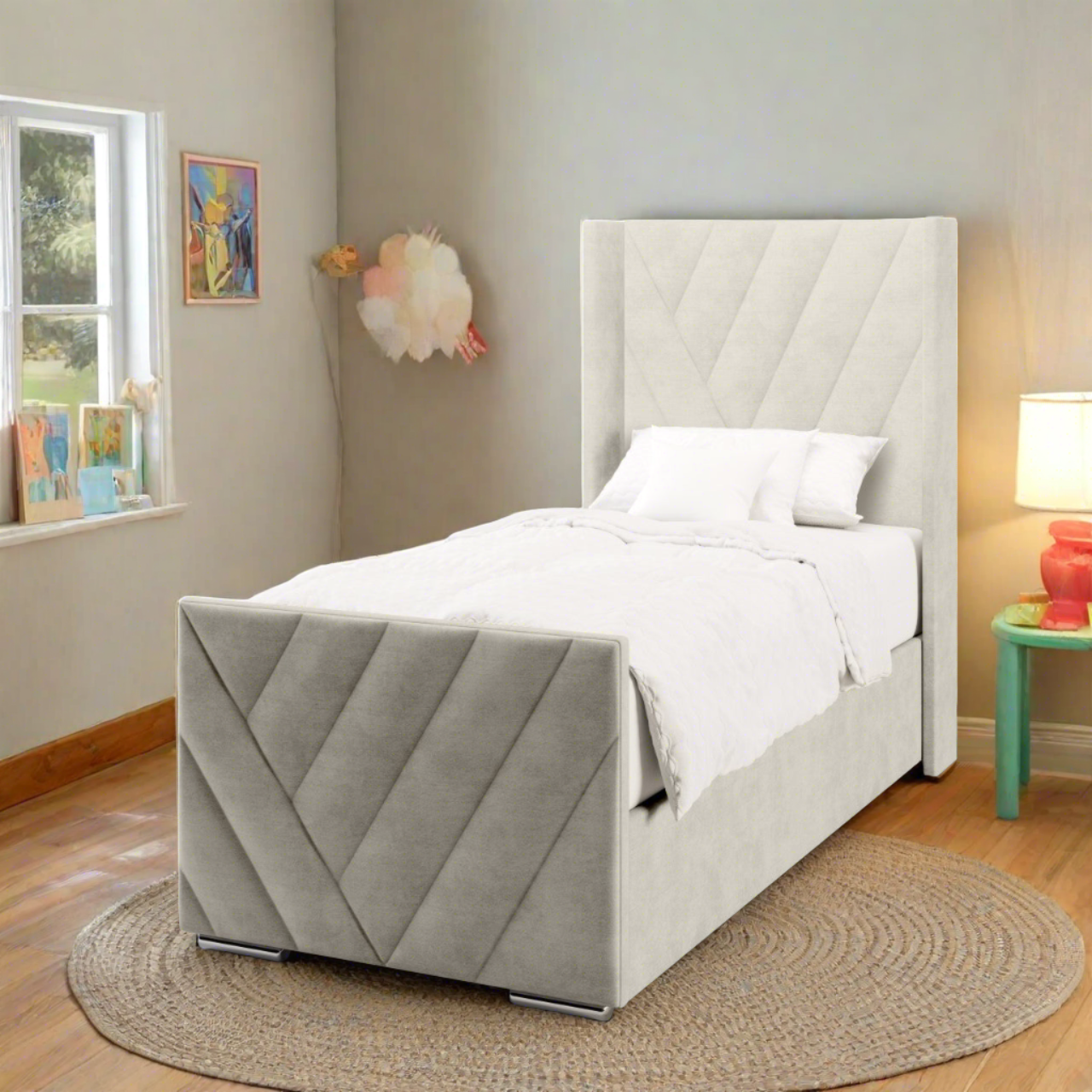 Muti Diagonal Panels Fabric Straight Wing Headboard with Ottoman Storage Side Lift Bed & Footend