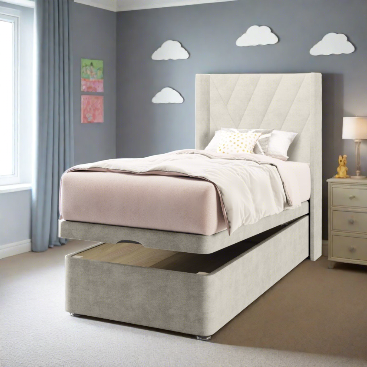 Multi Diagonal Panels Fabric Straight Wing Headboard with Ottoman Storage Bed Base & Mattress