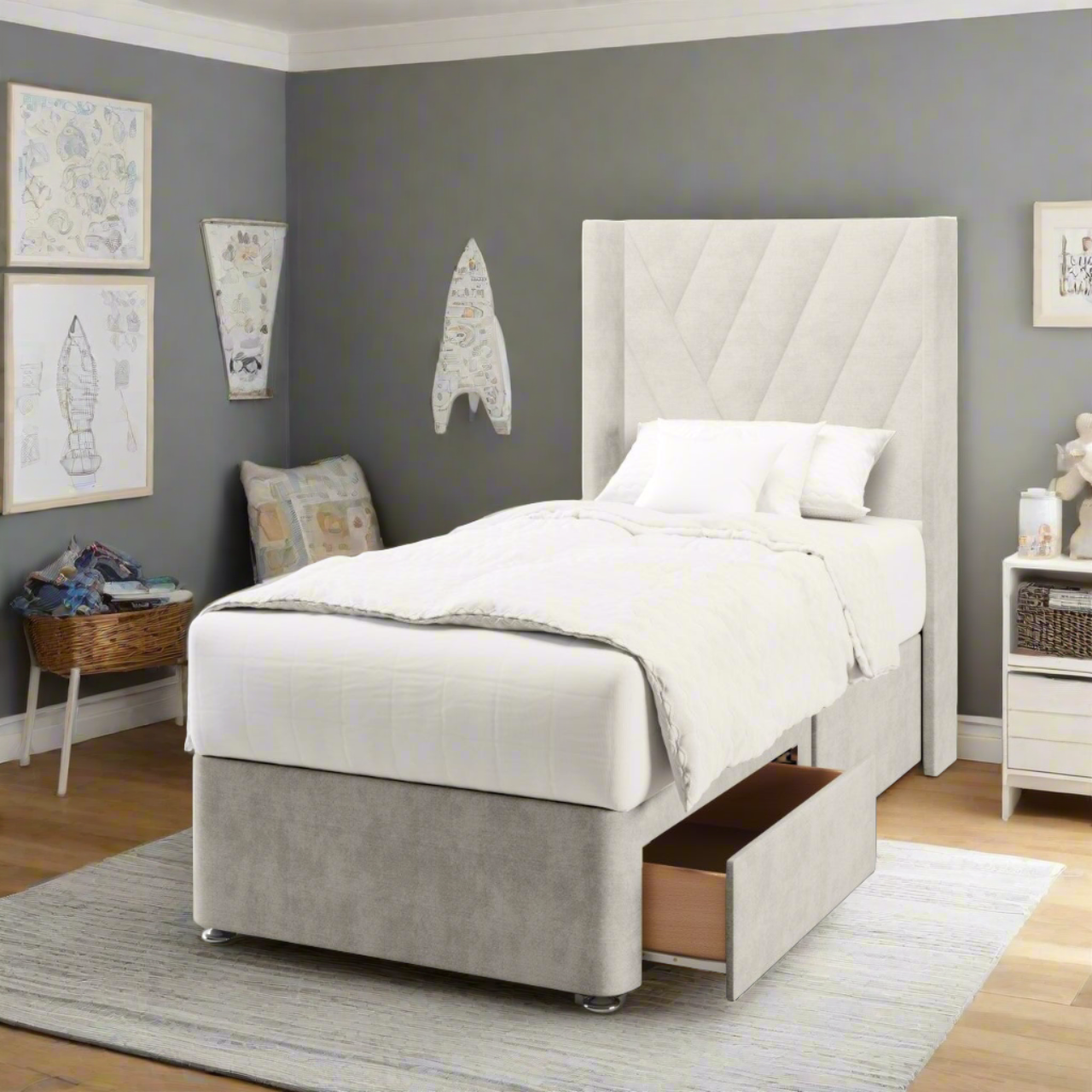 Multi Diagonal Panels Fabric Straight Wing Headboard with Divan Bed Base & Mattress