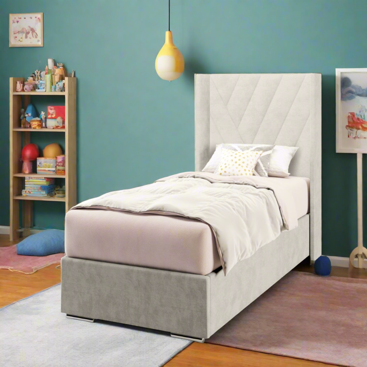 Multi Diagonal Panels Fabric Straight Wing Headboard with Frame Bed Base & Mattress