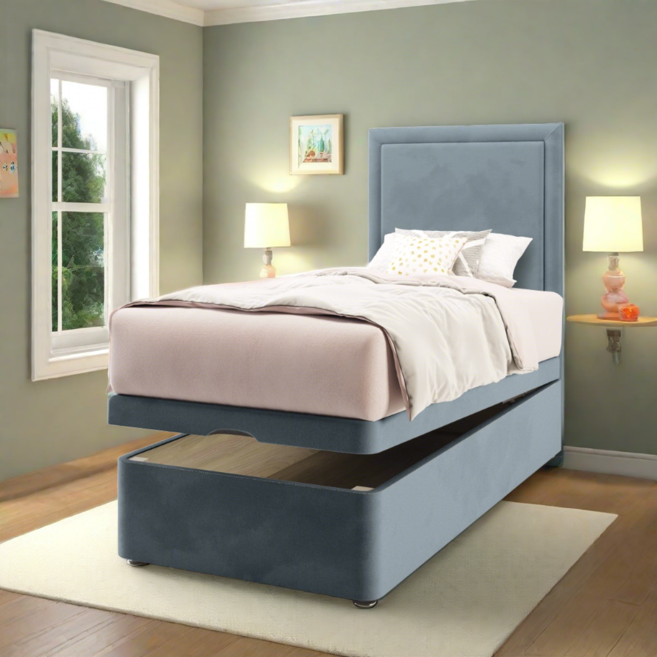 Plain Border Fabric Tall Headboard with Ottoman Storage Bed Base & Mattress