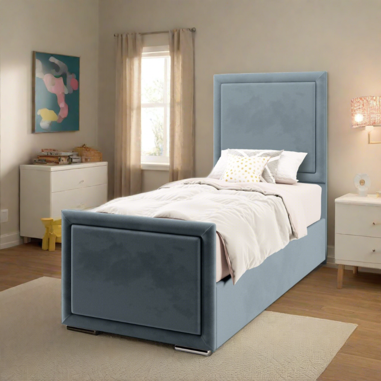 Plain Border Fabric Tall Headboard with Ottoman Storage Side Lift Bed & Footend