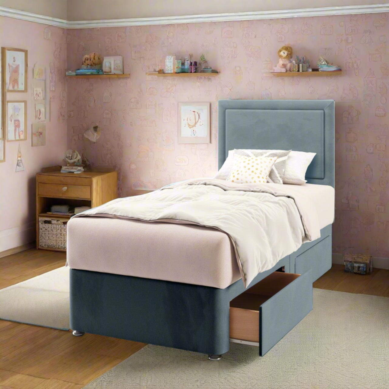 Plain Border Fabric Low Headboard with Divan Bed Base & Mattress