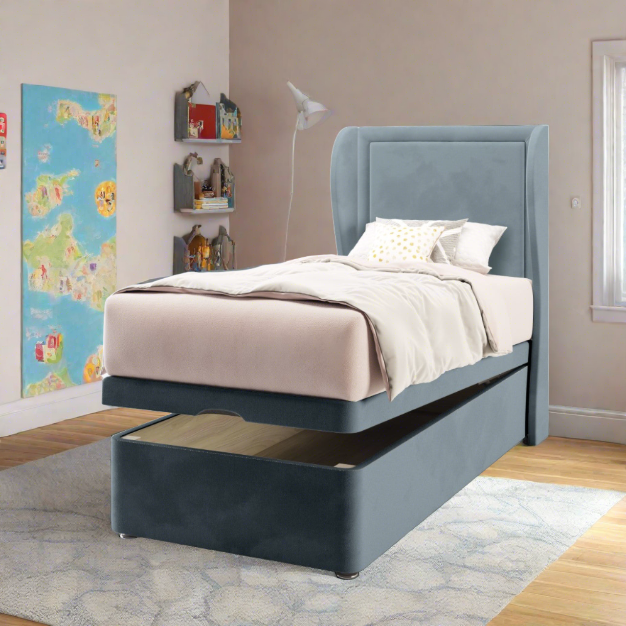 Plain Border Fabric Middle Curve Wing Headboard with Ottoman Storage Bed Base & Mattress