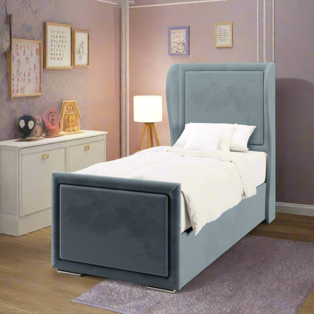 Plain Border Fabric Middle Curve Wing Headboard with Ottoman Storage Side Lift Bed & Footend