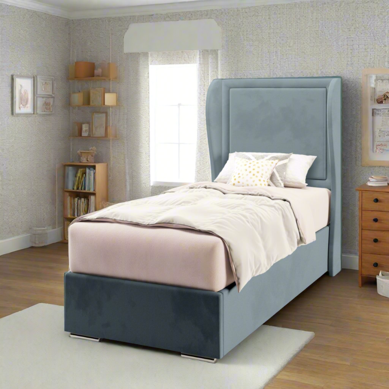 Plain Border Fabric Middle Curve Wing Headboard with Frame Bed Base & Mattress