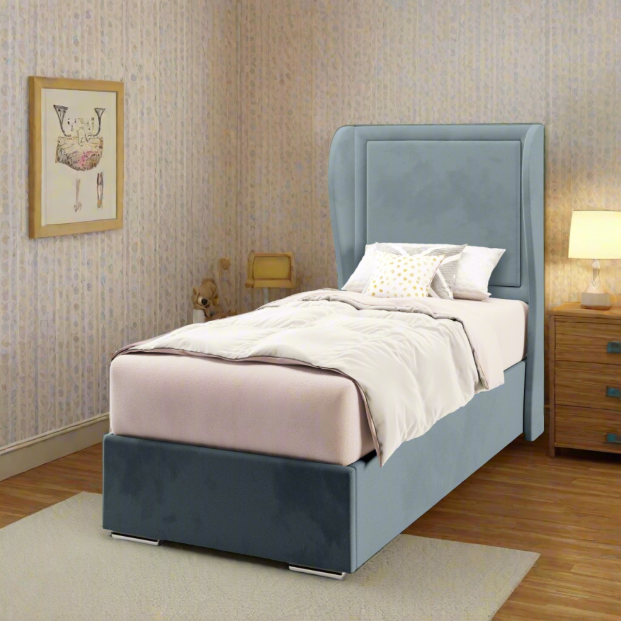 Plain Border Fabric Middle Curve Wing Headboard with Frame Bed Base & Mattress